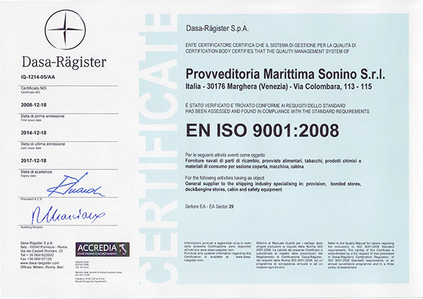 iso:9001 sonino marine supply